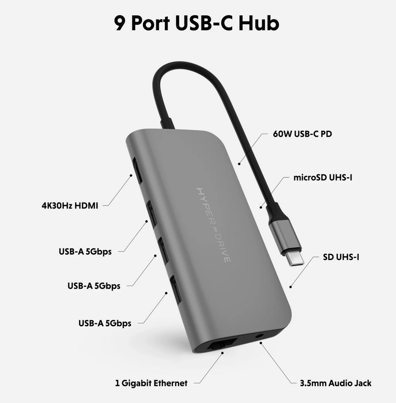 HyperDrive POWER USB-C Hub 9-in-1 for iPad Pro, Laptops & Desktops