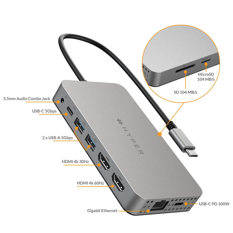 HyperDrive Dual 4K HDMI 10-in-1 USB-C Hub for M1 / M2 MacBook